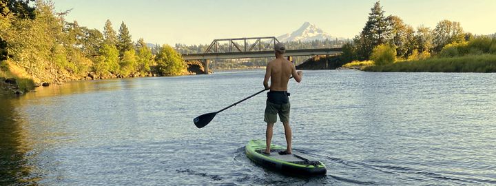 Paddling in the White Salmon River with Mount Hood views